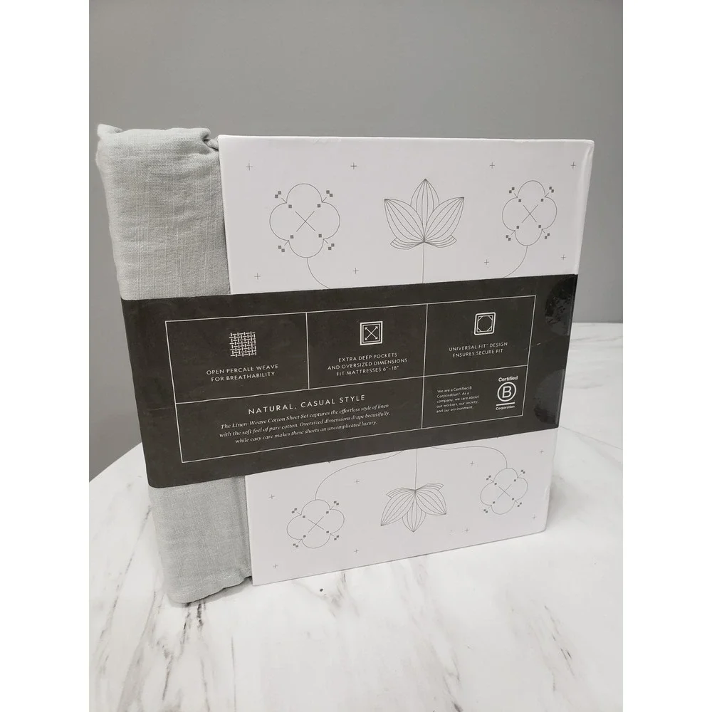 NEW IN COLOR FOG Malouf Linen-Weave Cotton Sheet Set QUEEN gray solid